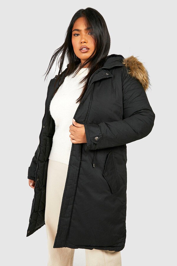 faux fur trim longline coat