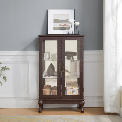 Astoria Grand Cherry Curio Cabinet With Tempered Glass Doors, Lighted Display Cabinet With Mirrored Back Panel & Adjustable Shelves Perfect For Home Or Office (Lig