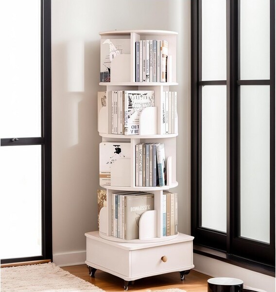 MAYEERTY360Display5TierCornerBookshelfwithDrawerforSmallSpaceFloorStandingBookcaseStorageRackforLivingRoomWalnut