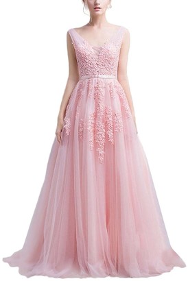 OwlFay Elegant Women Vintage Lace Flower Applique Wedding Bridesmaid Dress Sleeveless Tulle A-line Formal Long Maxi Evening Party Cocktail Prom Dress Dance Ball Gown