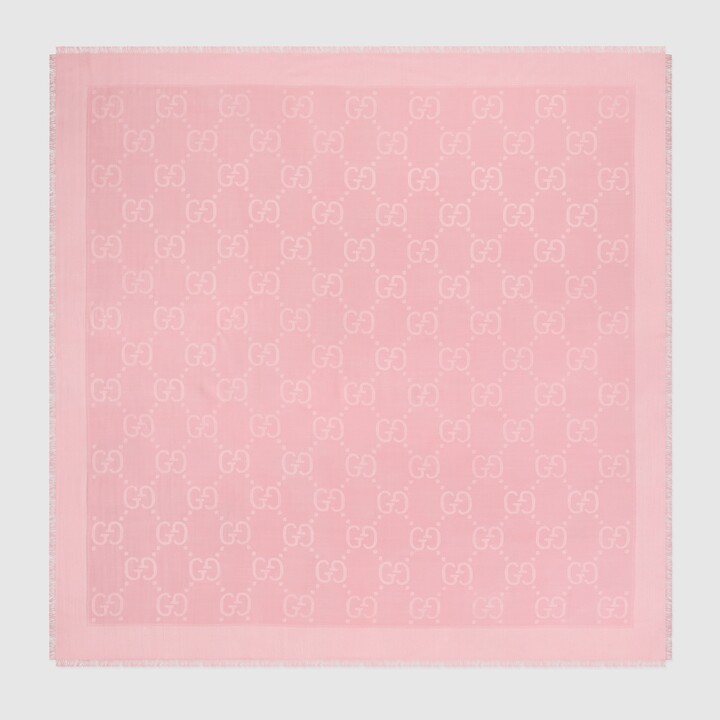 GUCCI Roseate Pink Wool Silk Blend Wrap Monogram Scarf