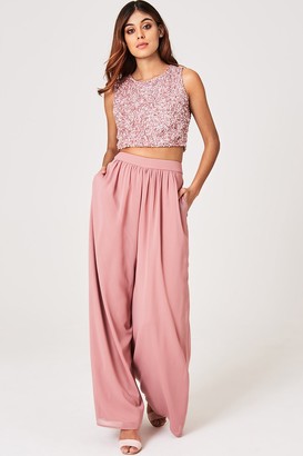 Little Mistress Mandy Dusty Pink Check Wide-Leg Trousers Co-ord