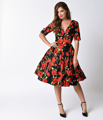 Unique Vintage 1950s Black & Red Rose Delores Swing Dress with Sleeves