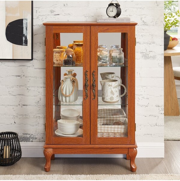 LOVSONDouble-doorglasscabinetwithtemperedglassdoorsandadjustableshelvessuitableforhomeandofficeenvironmentsindarkoak