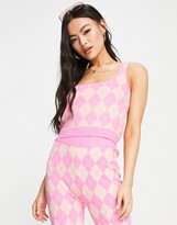Thumbnail for your product : Qed London square neck knitted top co-ord in pink argyle