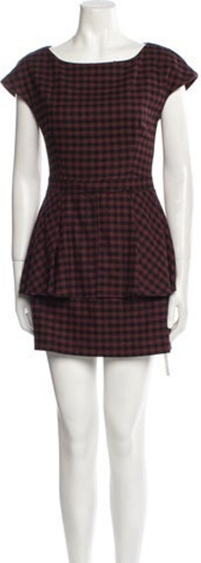 Boutique Moschino Wool A-Line Dress Black Plaid Print Short Sleeve with Bateau Neckline Concealed Zip Closure at Back