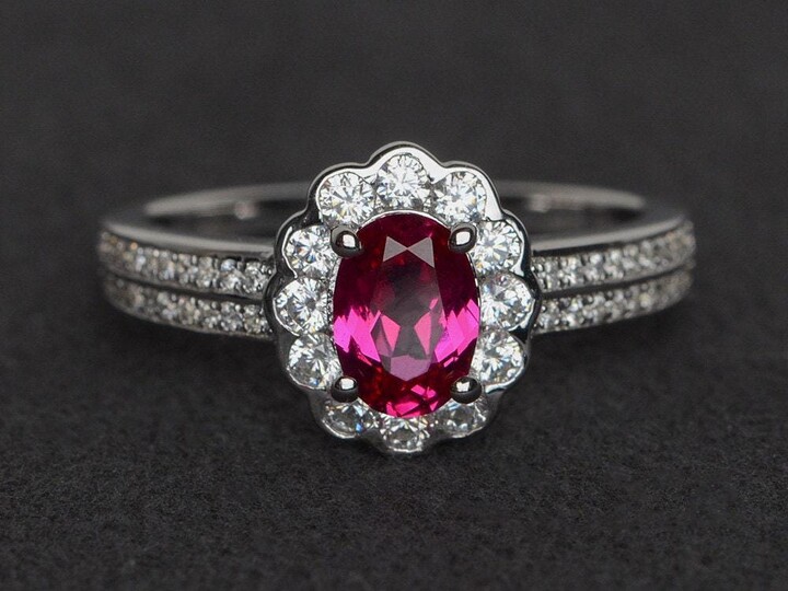 Etsy Ruby Ring Halo Engagement Oval Cut Anniversary Silver July Birthstone