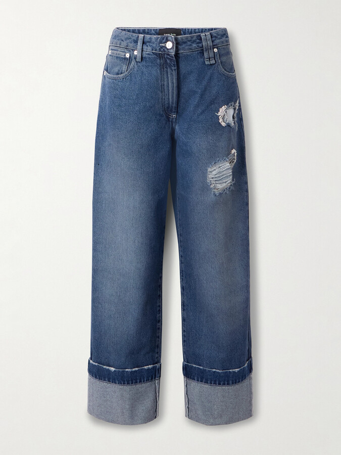Simone Rocha Embellished Distressed Wide-leg Jeans - Blue