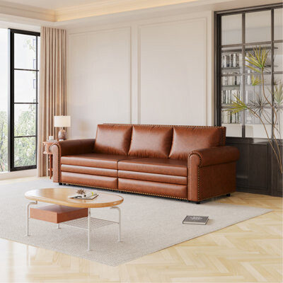 Astoria Grand Chesterfield Sofa,93.7" King Pull Out Sofa Bed, 3-In-1 Faux Leather Convertible Sleeper Sofa With Nailhead Trim & Rolled Arm,Multi-Functional Sofa Bed