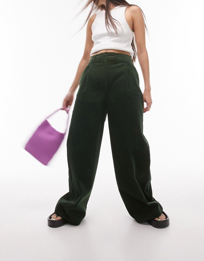 Topshop cord tailored wide leg pants in dark green - ShopStyle