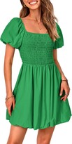 Thumbnail for your product : Kirundo 2023 Women's Summer Square Neck Smocked Puff Sleeve Mini Dress Off Shoulder Ruffle A-Line Puffy Short Dresses(Blue