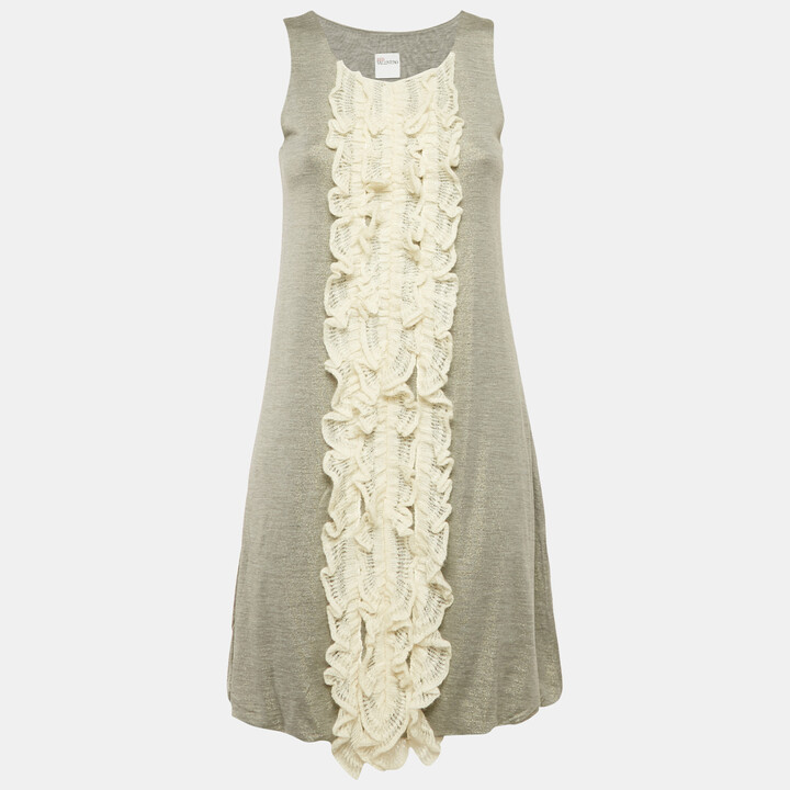 RED Valentino Metallic Grey Crochet Frills Jersey Mini Dress S