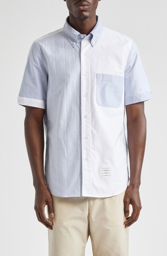 Thom Browne Straight Fit Colorblock Short Sleeve Cotton Button-Down Shirt