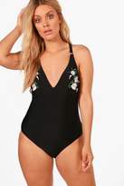 Thumbnail for your product : boohoo Plus Plunge Floral Applique Swimsuit