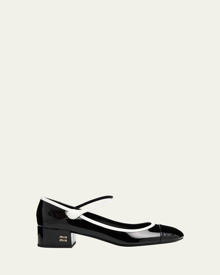 Miu Miu Bicolor Patent Leather Block-Heel Mary Jane Pumps