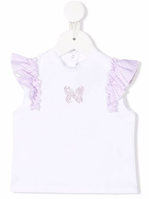 Simonetta Frill Sleeve Rhinestone Butterfly T-Shirt