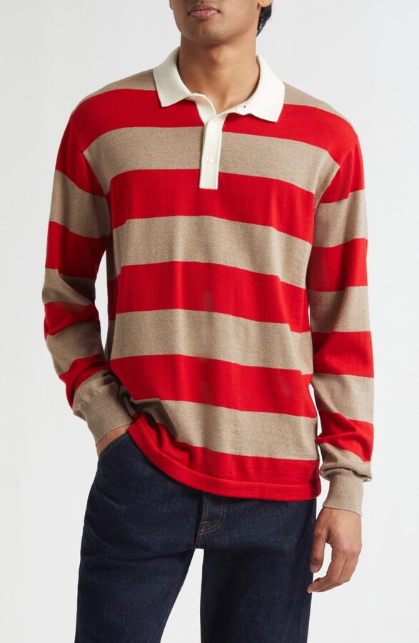 Drakes Block Stripe Long Sleeve Rugby Polo Sweater