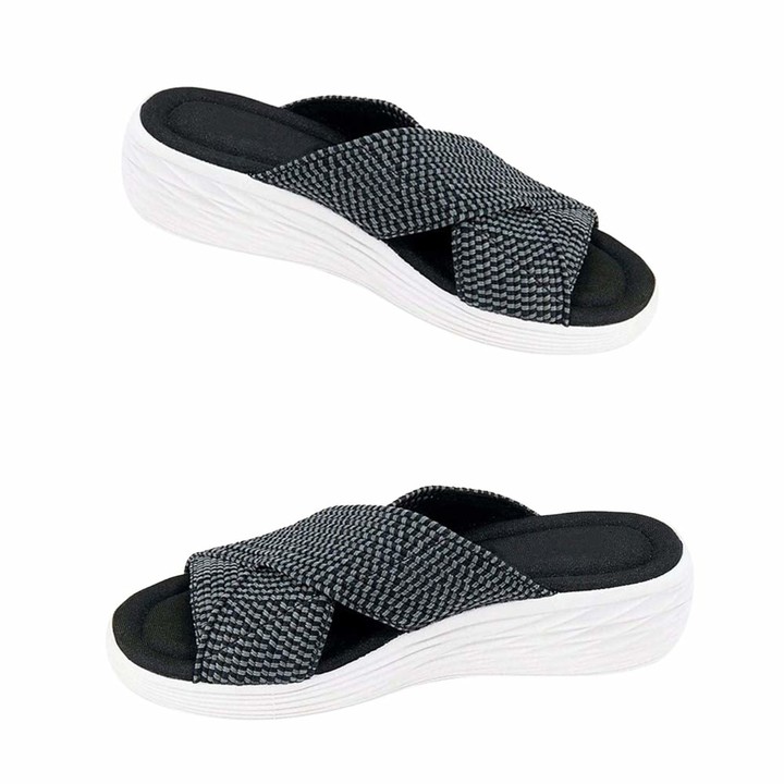 Manooby Women Stretch Cross Orthotic Slide Sandals Platform Slipper Summer Open-Toe Outdoor Casual Wedge Beach Shoes