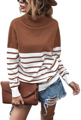 Krisimil Autumn Sweater for Women Casual Chunky Comfy Tops Pullover Turtleneck Stripe (L