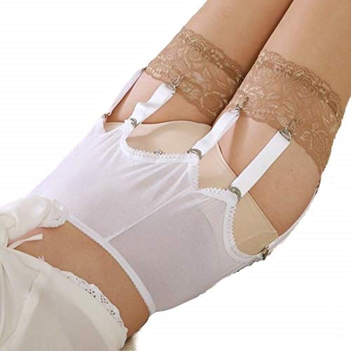 S~2XL Alacki Womens Solid Color Vintage Garter Belt with 6 Straps Metal Clip Suspender for Thigh High Stockings 