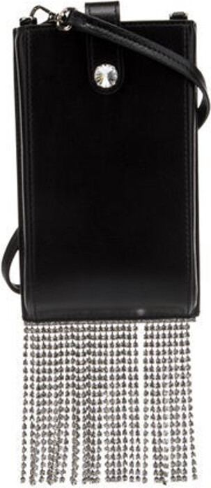 Miu Miu Crossbody Bag Black Lambskin Silver-Tone Hardware Leather Trim Single Adjustable Shoulder Strap Fringe & Crystal Accents Leather Lining with Card Slots Snap Closure at Front