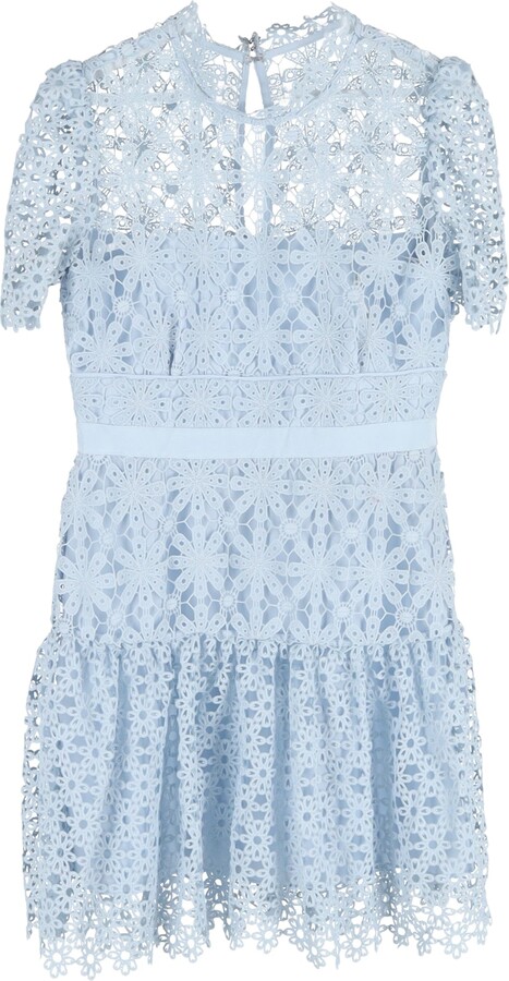 Self-Portrait Floral-Embroidered Lace Mini Dress in Light Blue Polyester
