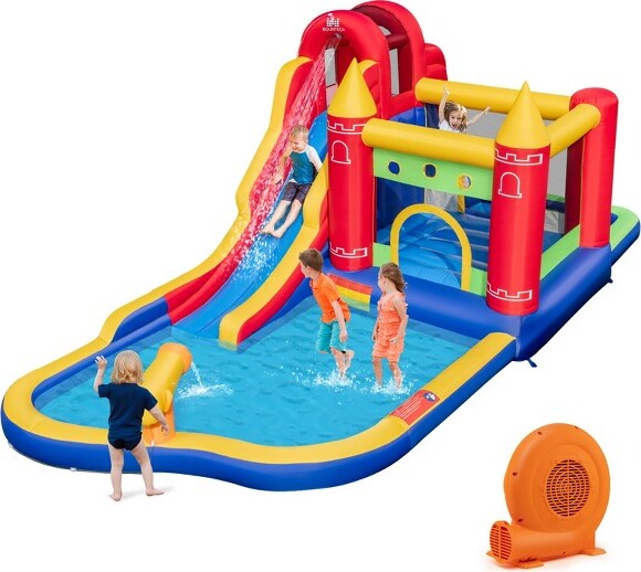Gymax Gymax9-in-1InflatableBounceHousew/680WBlowerWaterSlideSplashPoolWaterCannonBallPit&MeshSafetyNetfor3+