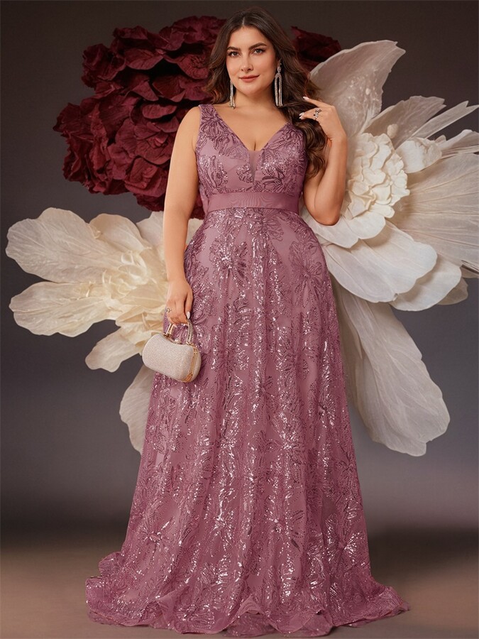 Lucy in love Plus Size Luxury Deep V-Neck Sequins Blue Evening Dress Women Elegant V-back Wedding Party Long Prom Cocktail Dresses