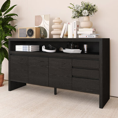 Lhragee 60 Inch Wood Sideboard With 3 Drawers And Open Shelf