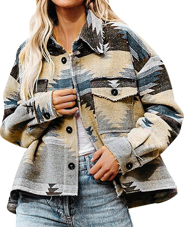 Zldhxyf Thin quilted jacket women's lightweight Aztec shacket long sleeve shirt  jacket with button placket and pockets grey winter coat - ShopStyle