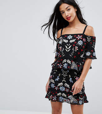 Frock And Frill Petite Premium Embroidered Cold Shoulder Mini Shift Dress