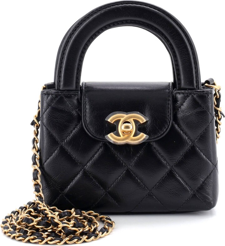 Chanel Kelly Top Handle Shopping Bag Quilted Shiny Aged Calfskin Nano