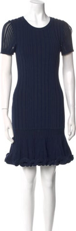 Milly A-Line Dress Blue Ruffle Embellishment Short Sleeve with Crew Neck Exposed Zip Closure at Back Designer