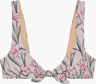 Morgan Lane Tina Knotted Floral-print Metallic Bikini Top