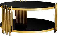 Ivy Bronx Double Layer Black Tempered Glass Top Stainless Steel Round Coffee Table For Living Room