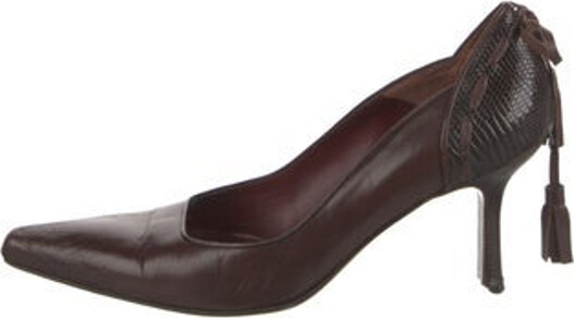 Saint Laurent Leather Pumps Brown Semi-Pointed Toes with Tassel Accents Tie Closures Designer