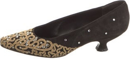 Christian Lacroix Vintage Pumps Black Suede Leather Trim Embroidered & Crystal Accents Semi-Pointed Toes | Christian Lacroix Vintage Suede Pumps in Black, Women's IT 37 | 7