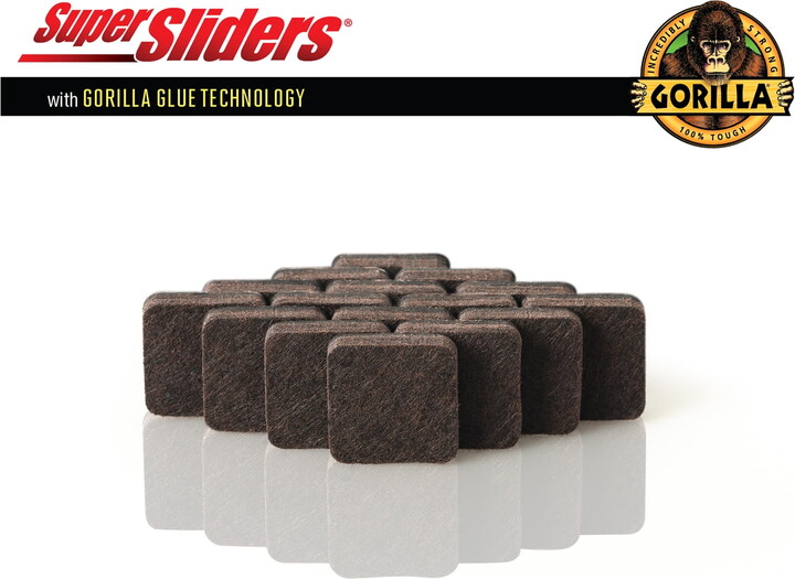 Super Sliders with Gorilla Glue 1" Square Felt Pads for Hardwood, Brown (16 Pack)