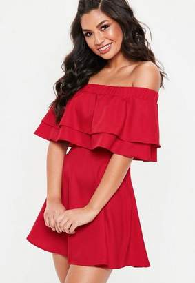 Missguided Red Ruffle Layer Bardot Swing Dress, Red