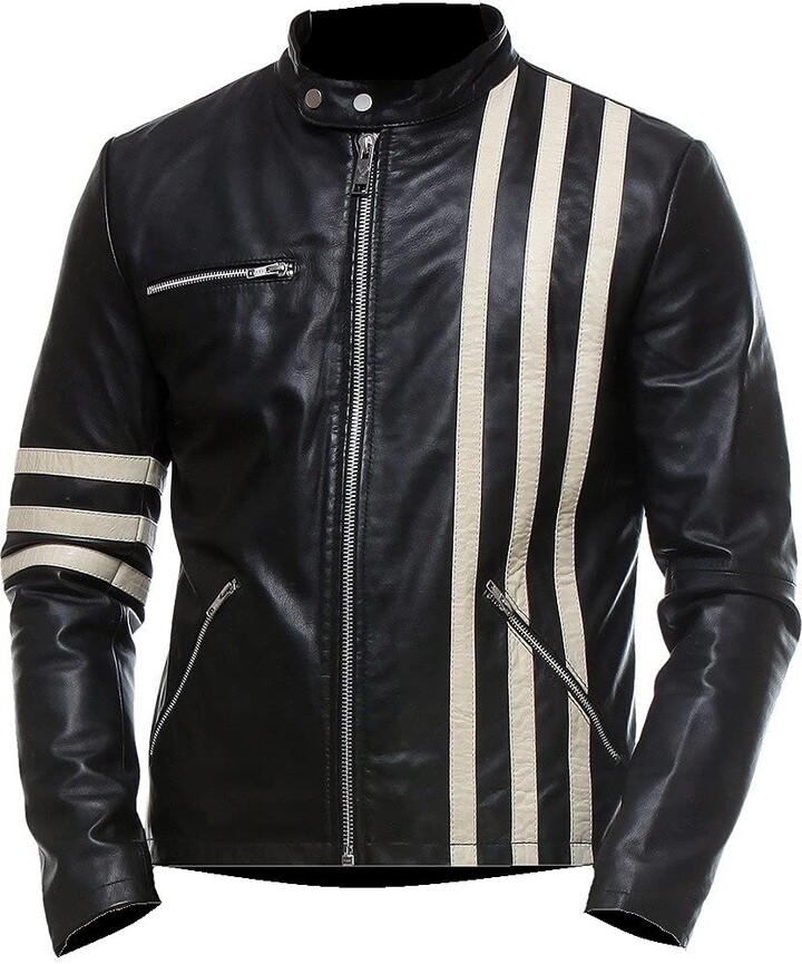 HiFacon Mens Cafe Racer White Stripes Leather Jacket Classic Casual ...