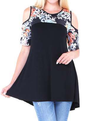 Moxeay Women Cold Shoulder Tops Casual Floral Print O-Neck Blouse