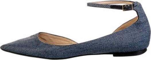 Jimmy Choo Canvas D'Orsay Flats Blue Semi-Pointed Toes Straps & Buckle Closure at Ankles