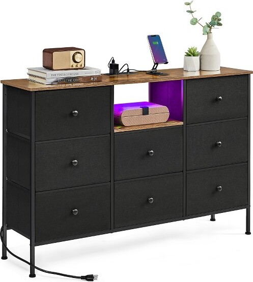 Songmics Chest of Drawers, Fabric Dresser with Power Outlets and LED ...