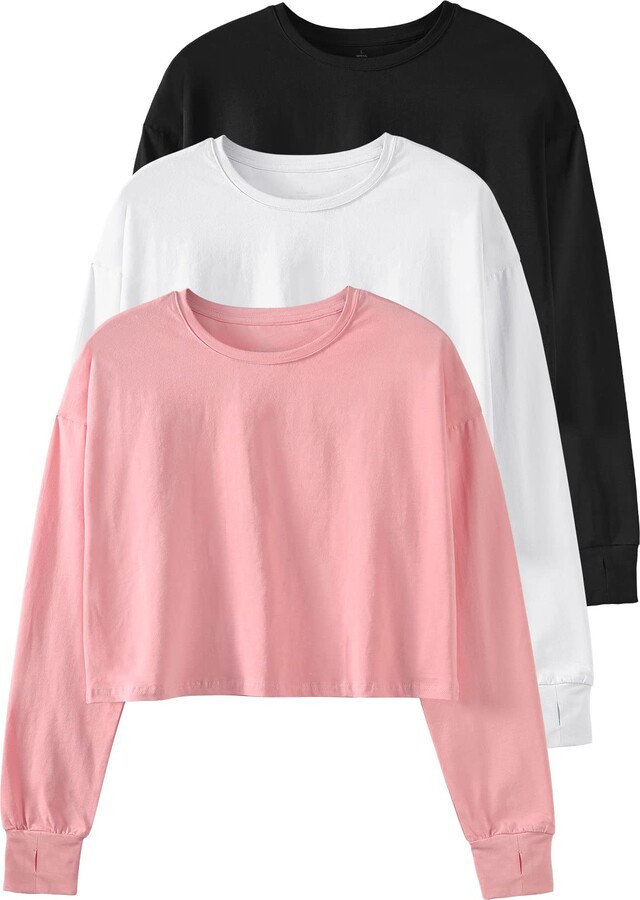 Star Vibe Womens Long Sleeve Crop Tops Athletic Casual Cropped Cotton  Workout Sweatshirt with Thumb Hole 3 Pack Black/White/Pink XL - ShopStyle