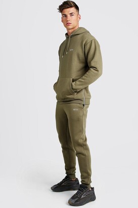 boohoo Mens Green MAN Longline Skinny Fit Tracksuit with Side Zips, Green