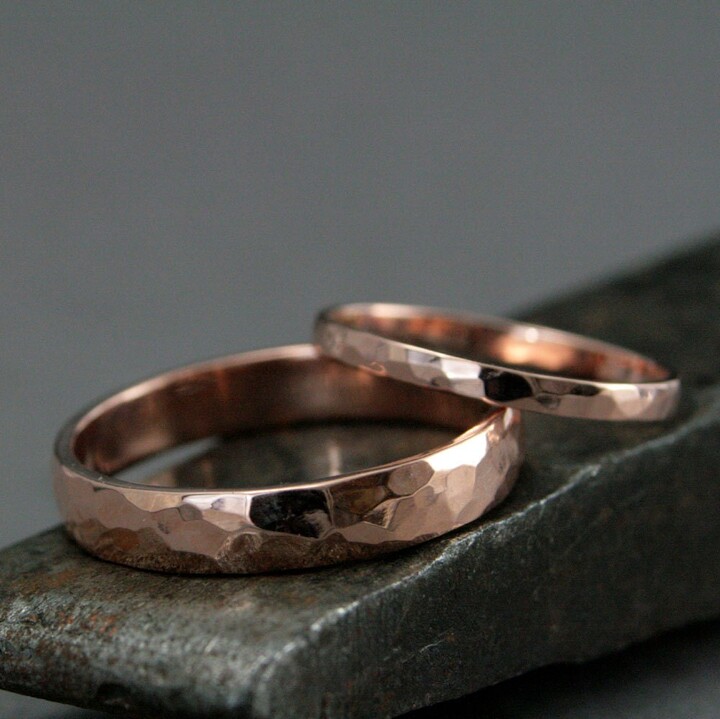 Etsy 14K Gold Wedding Set Perfect Hammered Bands Rose Rings His & Hers Men's Band Women's Ring