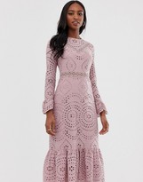 Thumbnail for your product : Asos Tall ASOS DESIGN Tall PREMIUM broderie maxi dress with pep hem and fluted sleeves