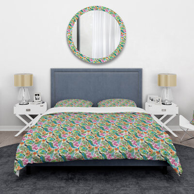 Design Art Blue Peacocks and Green Foliage - Tropical Duvet Cover Set - Microfiber Polyester