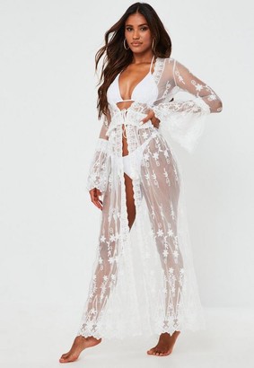 Missguided Premium White Lace Layered Maxi Beach Kimono - ShopStyle Swimwear