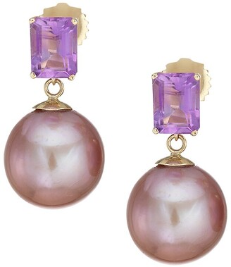 14K Yellow Gold  Dangling Earrings with Large Round Shaped Pink Amethyst 